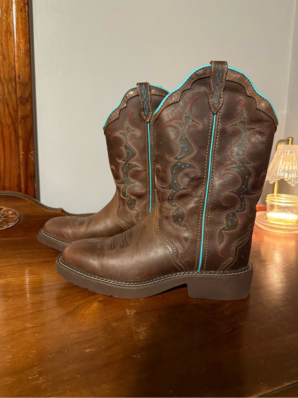 Brown Western Work Boots with Turquoise Stitching